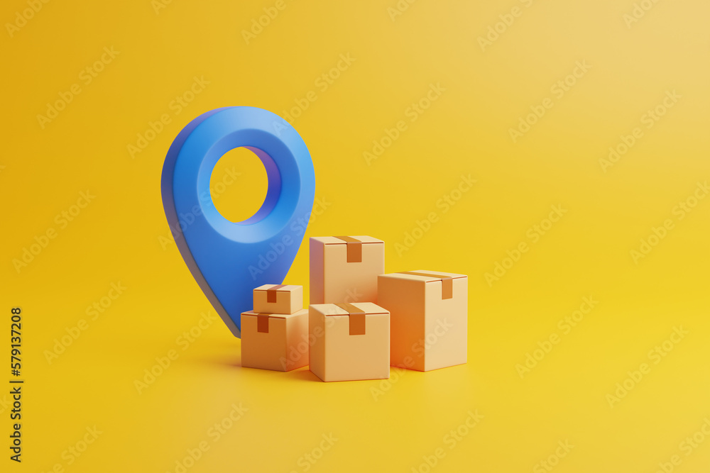 Obraz premium Group of brown cardboard boxes with blue location pointer on yellow background. Concept of safe and fast deliveries. 3d render illustration