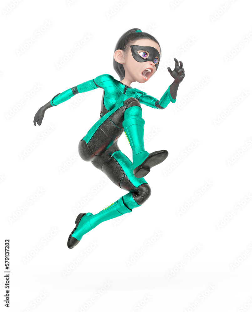 superheroine girl is jumping fast in white background superheroine girl is jumping fast in white background
