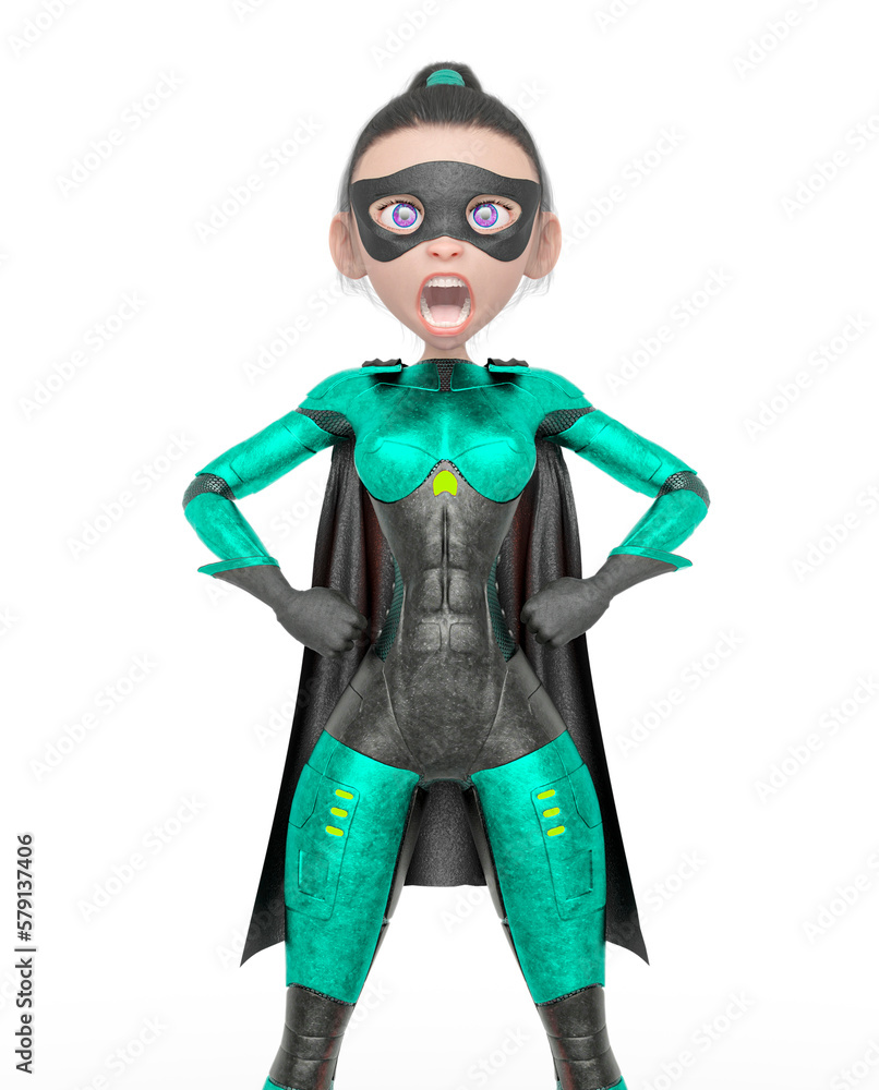 superheroine girl is yelling and also doing a power pose in white background superheroine girl is yelling and also doing a power pose in white background