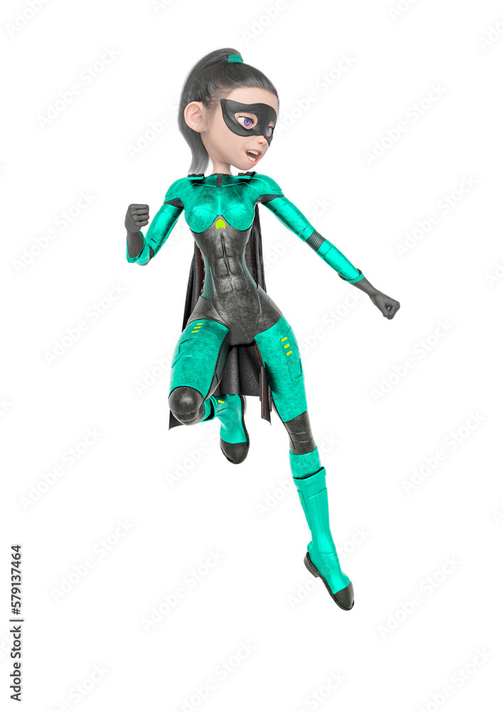 superheroine girl is floating and ready for action in white background