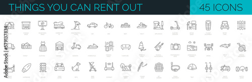 Canvastavla Set of 45 icons related to renting different stuff as equipment, sport gears, transport, buildings, pet and child items