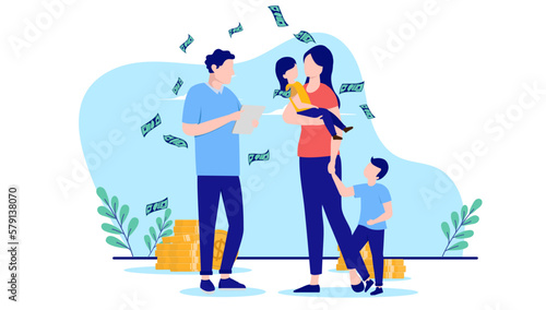 Family economy - Parents with children standing talking about finances and economics. Flat design vector illustration with white background