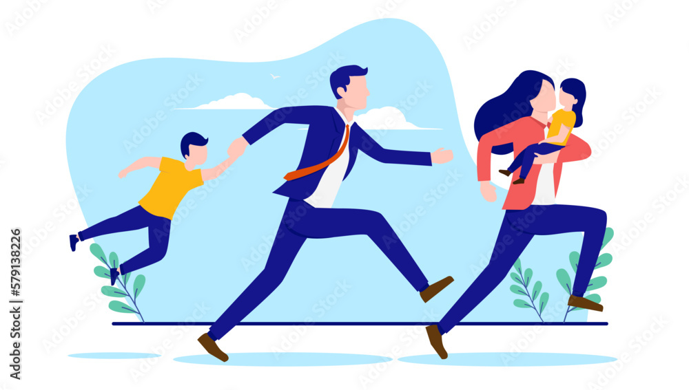 Parenthood stress - Parents with kids running in a hurry and with stressful little time. Flat design vector illustration with white background