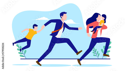 Parenthood stress - Parents with kids running in a hurry and with stressful little time. Flat design vector illustration with white background