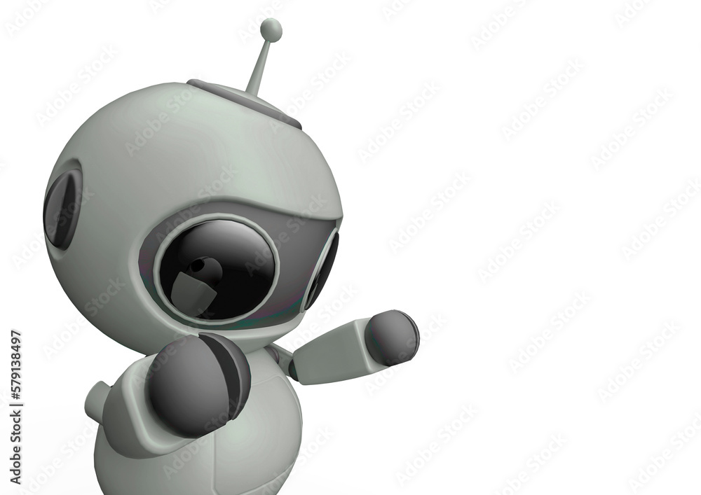 tiny robot is looking down in white background with copy space tiny robot is looking down in white background with copy space