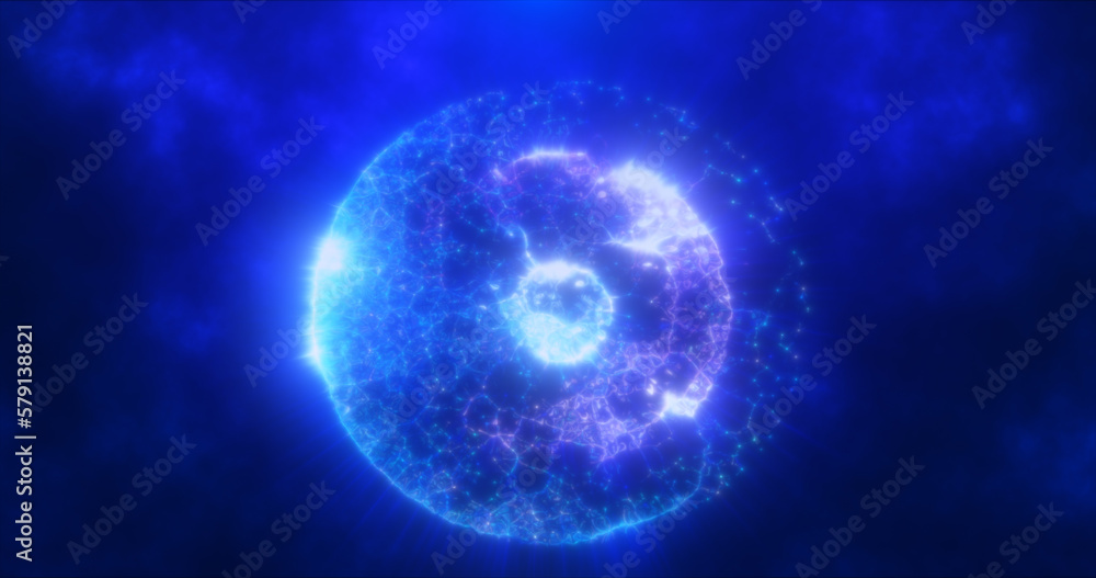 Abstract round blue and purple sphere made of flying particles glowing energy scientific futuristic atom molecule hi-tech background Abstract round blue and purple sphere made of flying particles glowing energy scientific futuristic atom molecule hi-tech background
