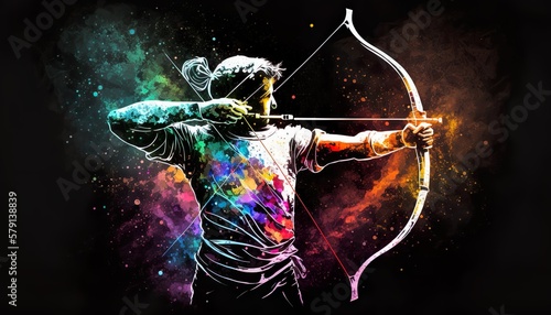 Watercolor illustration of an archer, beautiful bright colors archery logo of a man using a bow and arrow,  sagitarius zodiac symbol photo