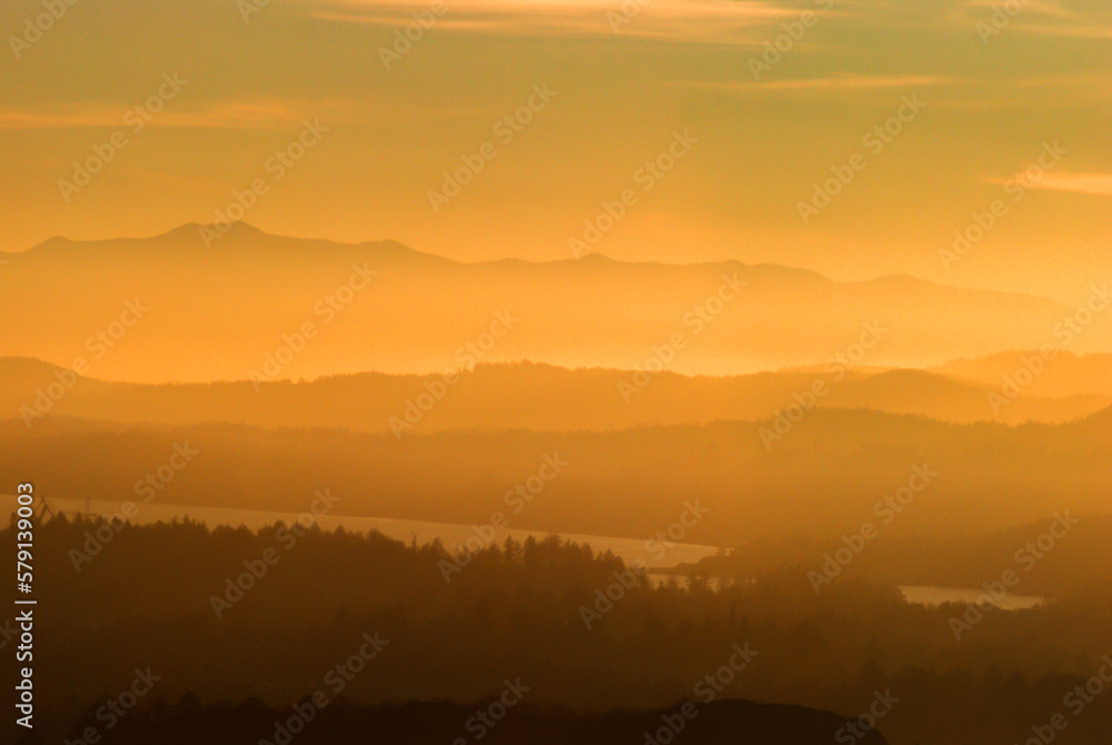 A view of a hazy sunset over southern Vancouver Island