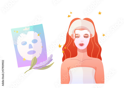 Women with  facial mask. Spa skin care treatment of girl in towel and headbands. Hand drawn vector illustration