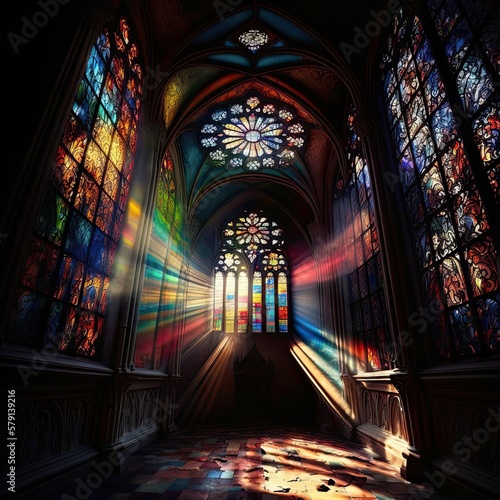 interior of a cathedral church with colored lights coming through the stained-glass windows GENERATIVE AI