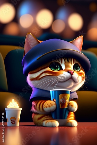 cat with a cup of coffee sitting in a movie theater watching a movie