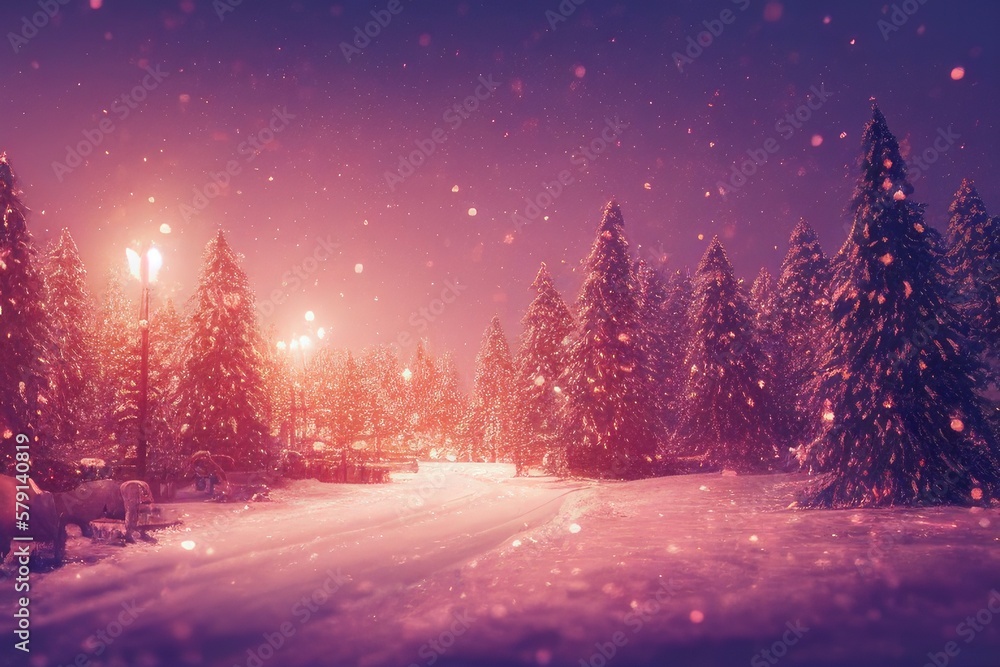Beautiful winter landscape with snow covered trees and road. Christmas background. Generative AI