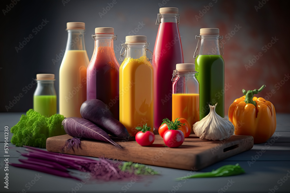 Various colorful fresh raw ingredients and already blended mix in bottles for individual consumption are on the kitchen table surface, colorful, fresh, raw, ingredients, blended, mix, bottles, Various colorful fresh raw ingredients and already blended mix in bottles for individual consumption are on the kitchen table surface, colorful, fresh, raw, ingredients, blended, mix, bottles,
