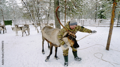 Western Siberia, reindeer herder of the Khanty people catches a reindeer in a pen. photo