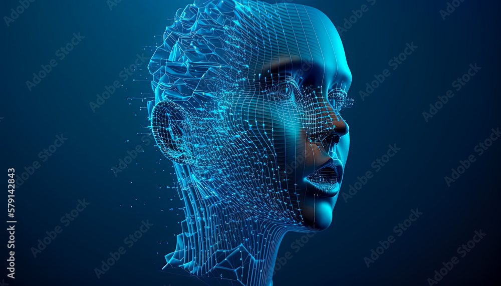 AI Generative Illustration of a Creative Photo of 3D UI Digital Human Face Mash in Abstract of Data Wave AI Generative Illustration of a Creative Photo of 3D UI Digital Human Face Mash in Abstract of Data Wave