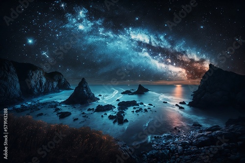 Stargazing by the Sea: A Breathtaking Nighttime View. Generative AI © Jonki