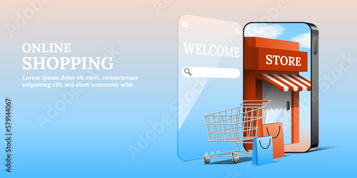 Online shopping store inside smartphone with shopping cart and bags 3d vector