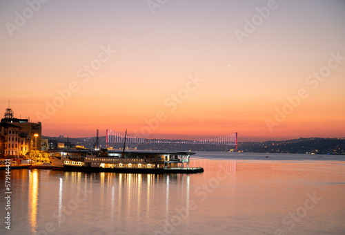 Night photo of Bosporus Bridge spanning Bosphorus strait and connecting Europe and Asia