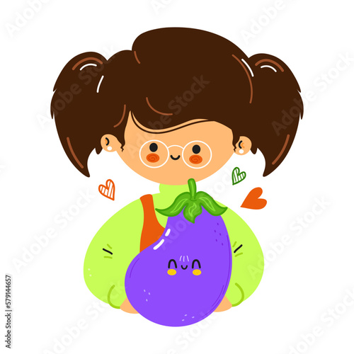 Young cute funny girl hold eggplant in hand. Girl hugs cute eggplant. Vector hand drawn doodle style cartoon character illustration icon design. Isolated on white background
