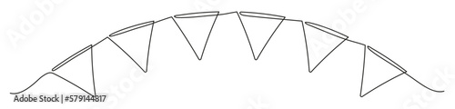 Continuous line art drawing buntings garland. Celebration party hand drawn flags. Vector linear illustration isolated on white. 