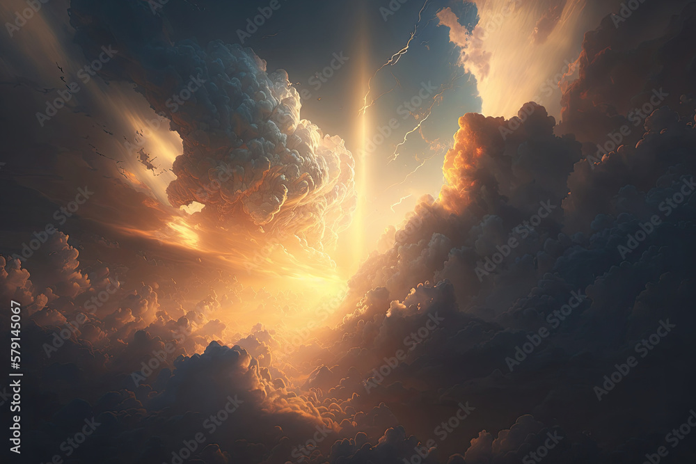 Fototapeta premium Sun rays break through the clouds in the sky. Entrance to heaven. Created with Generative AI