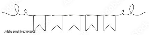 Continuous line art drawing buntings garland. Celebration party hand drawn elements. Vector linear illustration isolated on white. 
