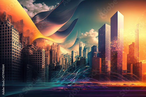 Cityscape in Colorful Waves: A Vibrant Stock Illustration. Generative AI