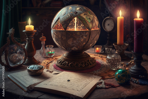 Crystal magic ball and burning candles on wooden table at night. Fortune telling and reading future. Astrology horoscope, esoteric and spiritual growth concept. Created with Generative AI