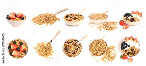 Collage of crunchy sweet granola with dried fruits, nuts, fresh berries and yogurt on white background