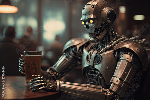 Robot drinks beer in bar like a human. Tired humanoid robot sitting at pub table with glass of beer. Created with Generative AI