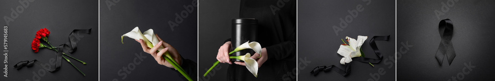 Collage of black funeral ribbons with flowers and mortuary urn on dark background - obrazy, fototapety, plakaty 