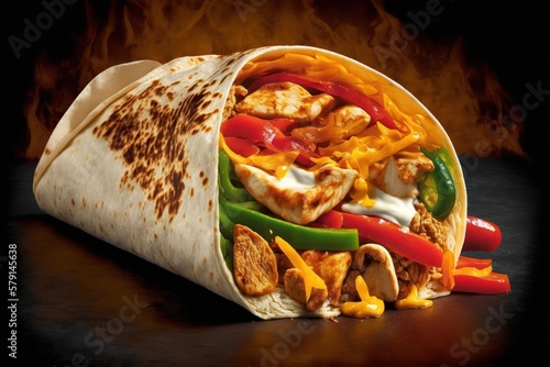 Burritos wraps with beef, chicken and vegetables on black background. Beef burrito, mexican food, Portable burrito, handheld food, affordable meal. GENERATIVE AI