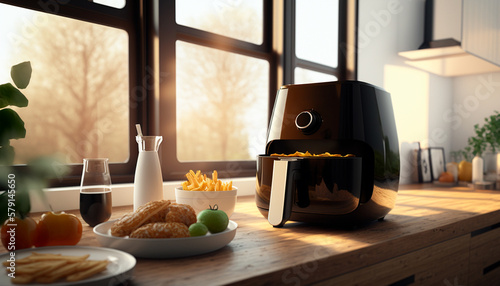 Trendy kitchen gadget air fryer, small countertop convection oven, deep fast frying oil free, more healthful way to cook deep-fried food in the kitchen near the window, generative ai