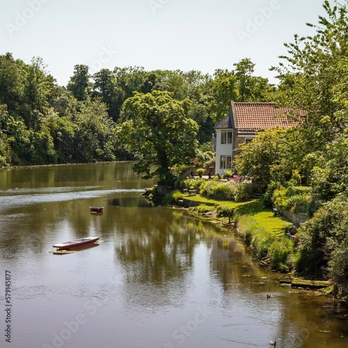 Beautiful view of boat on the river surrounded by green trees