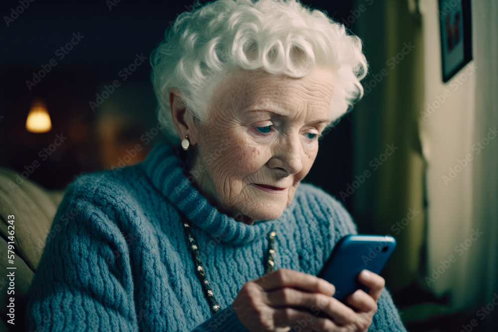 Elderly woman connecting online smartphone at home. generative ai Elderly woman connecting online smartphone at home. generative ai