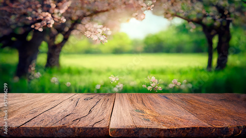 Empty wooden table top product display showcase stage with spring cherry blossom background, generative ai