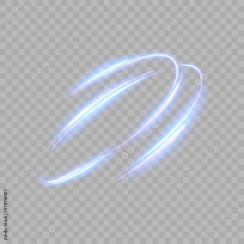 Abstract light swirls. Bright neon circles. A bright trail of glittering beams swirls in a fast motion in a spiral. Vector 10 eps.