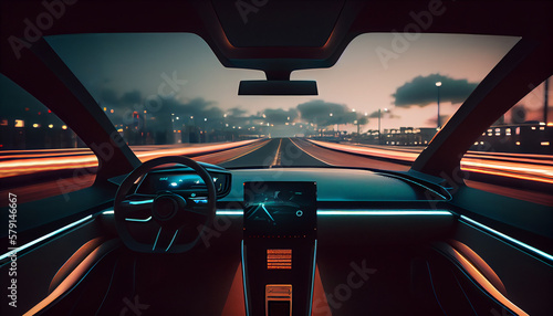 Futuristic autonomus self driving vehicle on city streets at night. Generative ai, AI