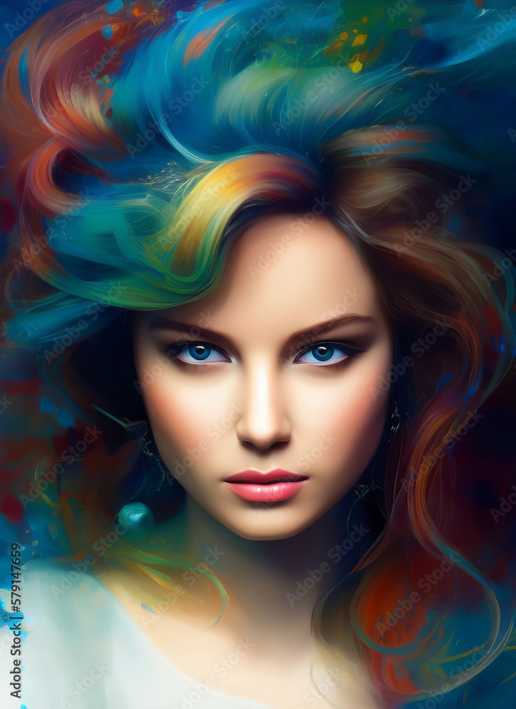 Painting of a beautiful woman's face, Portrait of a beautiful woman with colorful hair, Generative AI