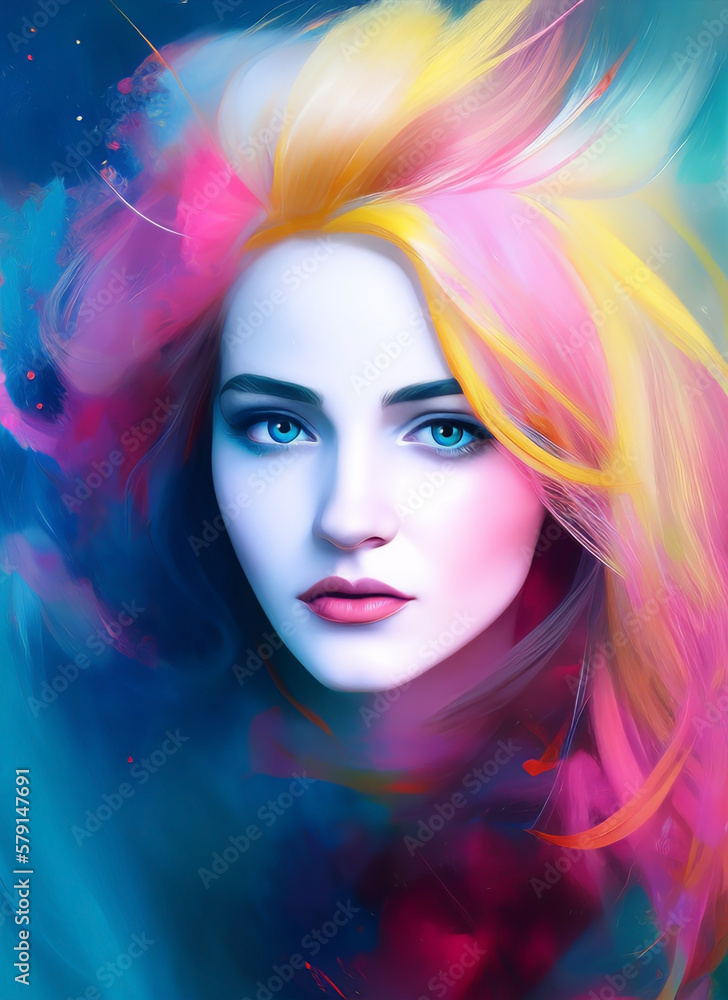 Portrait of a beautiful woman with colorful hair, Digital painting of a beautiful girl, Digital illustration of a female face. Generative AI