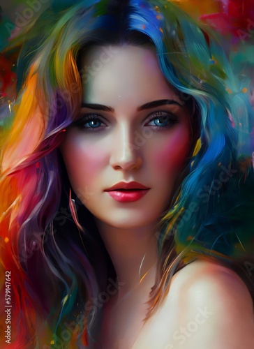 Painting of a beautiful woman's face with colorful hair, Portrait of a beautiful woman. Generative AI