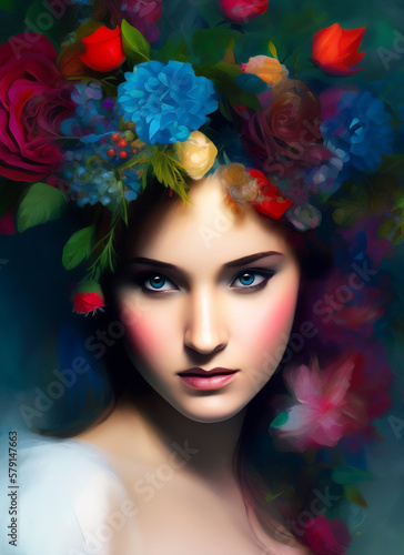 Digital portrait of a beautiful face. Illustration of a beautiful girl. Beautiful woman painting. Generative AI © Eduardo