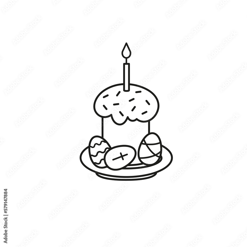 Easter cake with candle and eggs with ornament on plate. Black and white easter logo, icon. Vector illustration on white background. Cake with sprinkles Easter cake with candle and eggs with ornament on plate. Black and white easter logo, icon. Vector illustration on white background. Cake with sprinkles