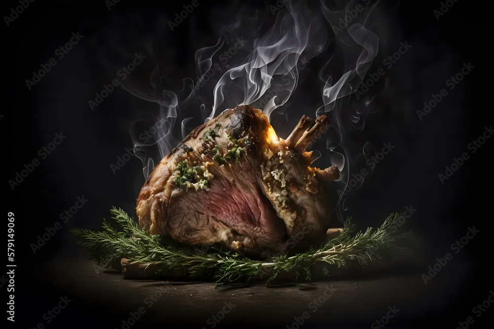 Roasted leg of lamb with rosemary on a dark background. Smoke. Generative AI content.