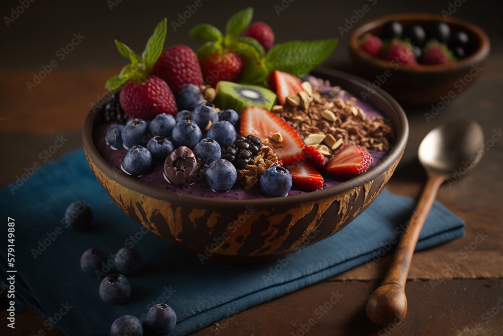 Delicious acai bowl filled with colorful and nutritious ingredients promoting a healthy lifestyle. AI generated. Delicious acai bowl filled with colorful and nutritious ingredients promoting a healthy lifestyle. AI generated.