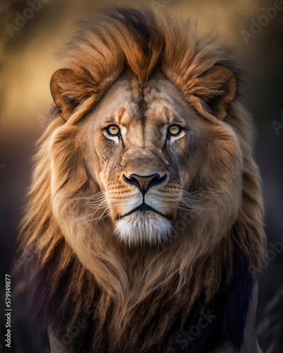 Portrait of a big male African lion in nature.