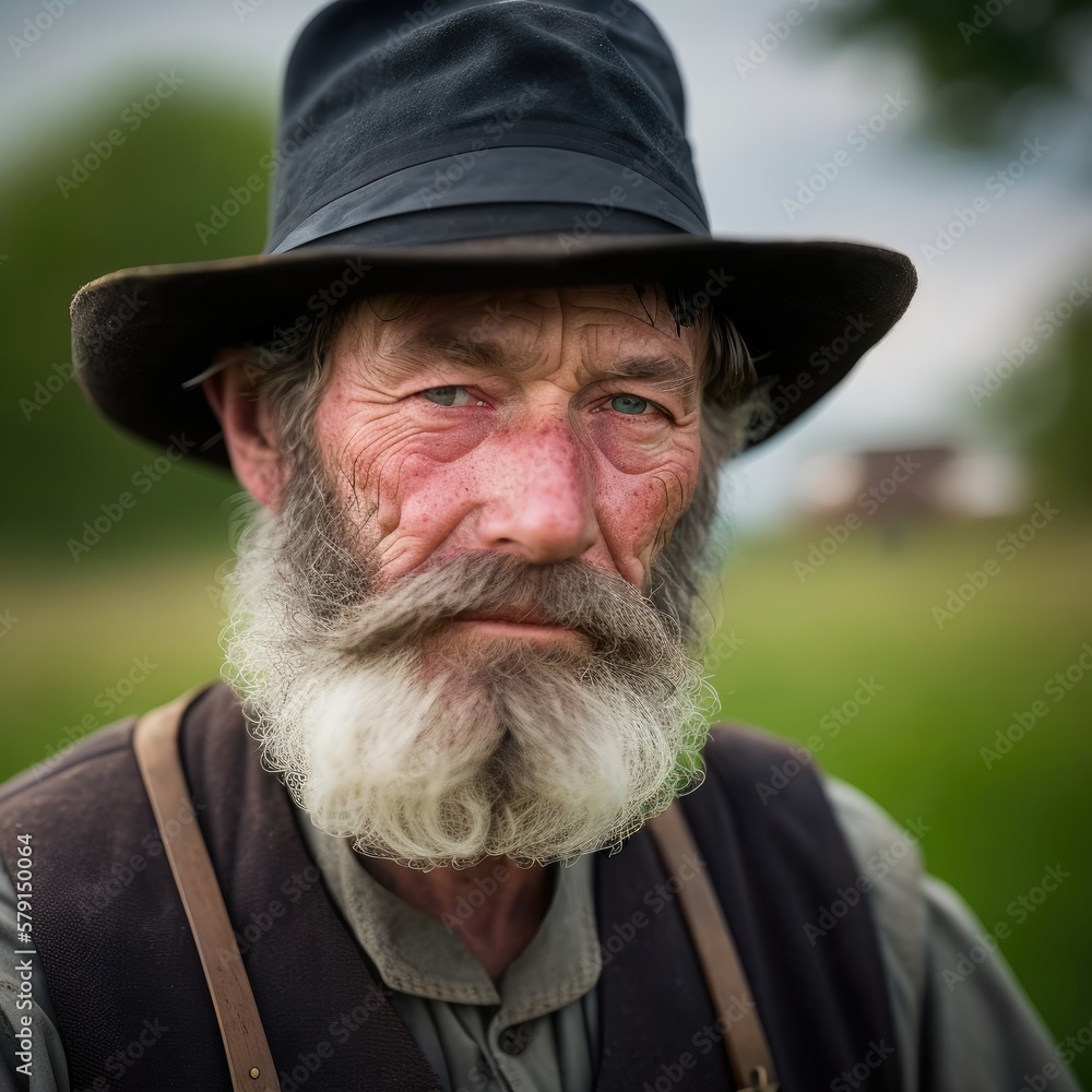 Portrait, mature Amish man looking at camera outdoors, Ai Generative. Portrait, mature Amish man looking at camera outdoors, Ai Generative.