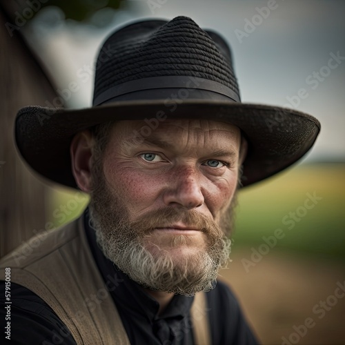 Portrait, mature Amish man looking at camera outdoors, Ai Generative.
