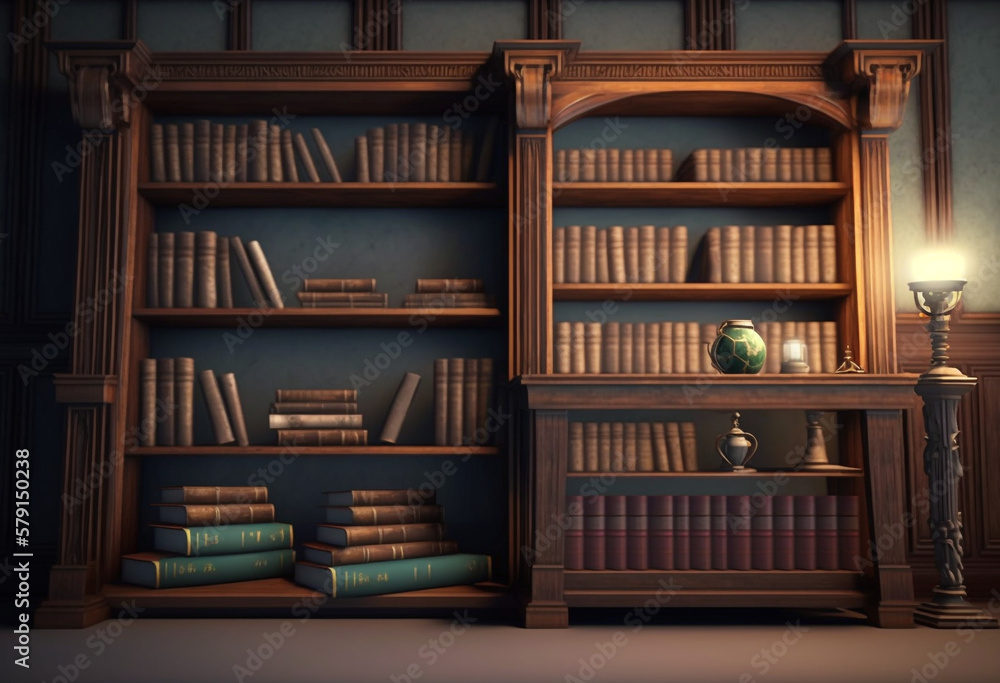 Organizing the Classics: An AI-Generated 3D Render of an Old Library's Bookshelves - obrazy, fototapety, plakaty 
