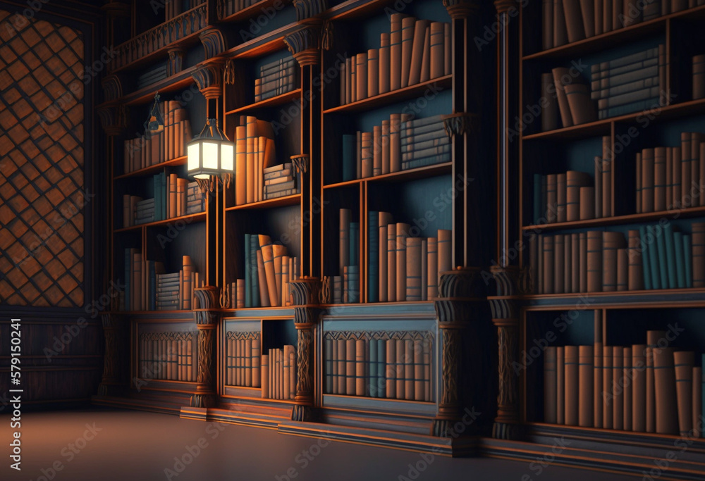 Organizing the Classics: An AI-Generated 3D Render of an Old Library's Bookshelves - obrazy, fototapety, plakaty 
